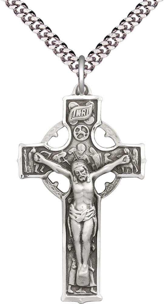 Sterling Silver Celtic Crucifix Pendant on a 24 inch Light Rhodium Heavy Curb chain