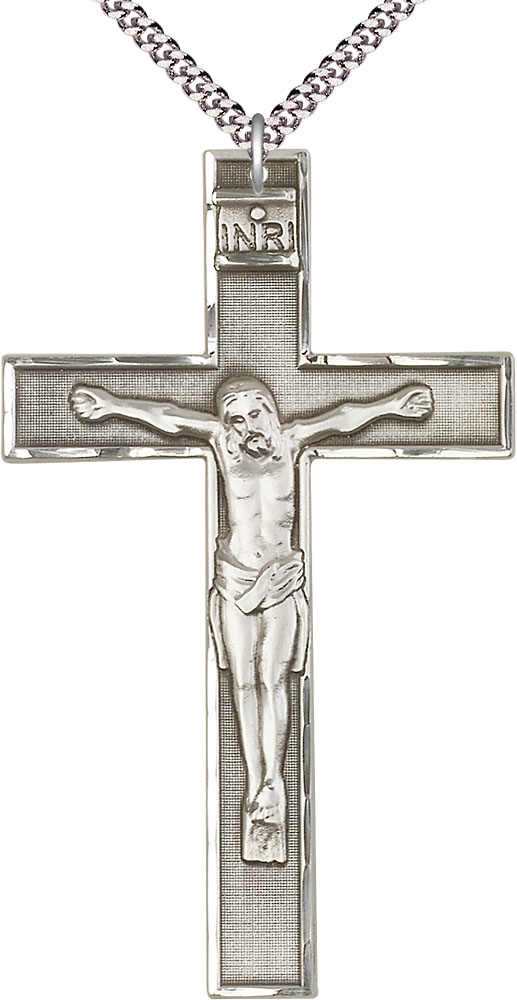 Sterling Silver Crucifix Pendant on a 24 inch Light Rhodium Heavy Curb chain