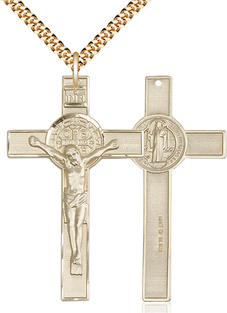 14kt Gold Filled Saint Benedict Crucifix Pendant on a 24 inch Gold Plate Heavy Curb chain