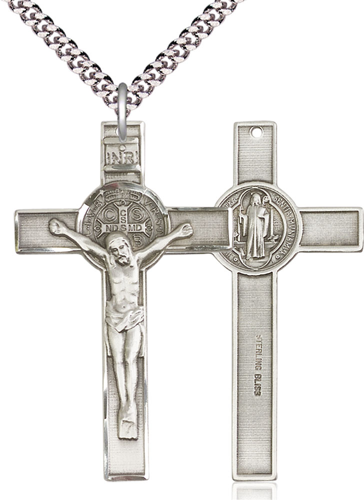 Sterling Silver Saint Benedict Crucifix Pendant on a 24 inch Light Rhodium Heavy Curb chain