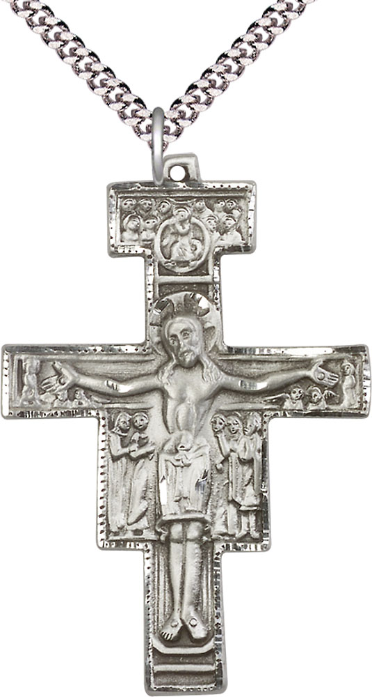 Sterling Silver San Damiano Pendant on a 24 inch Light Rhodium Heavy Curb chain