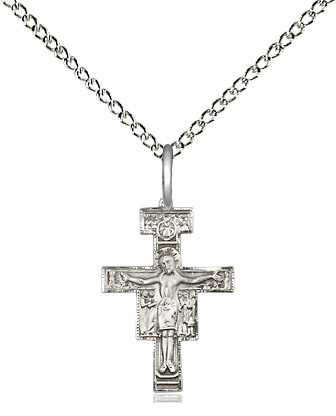 Sterling Silver San Damiano Crucifix Pendant on a 18 inch Sterling Silver Light Curb chain