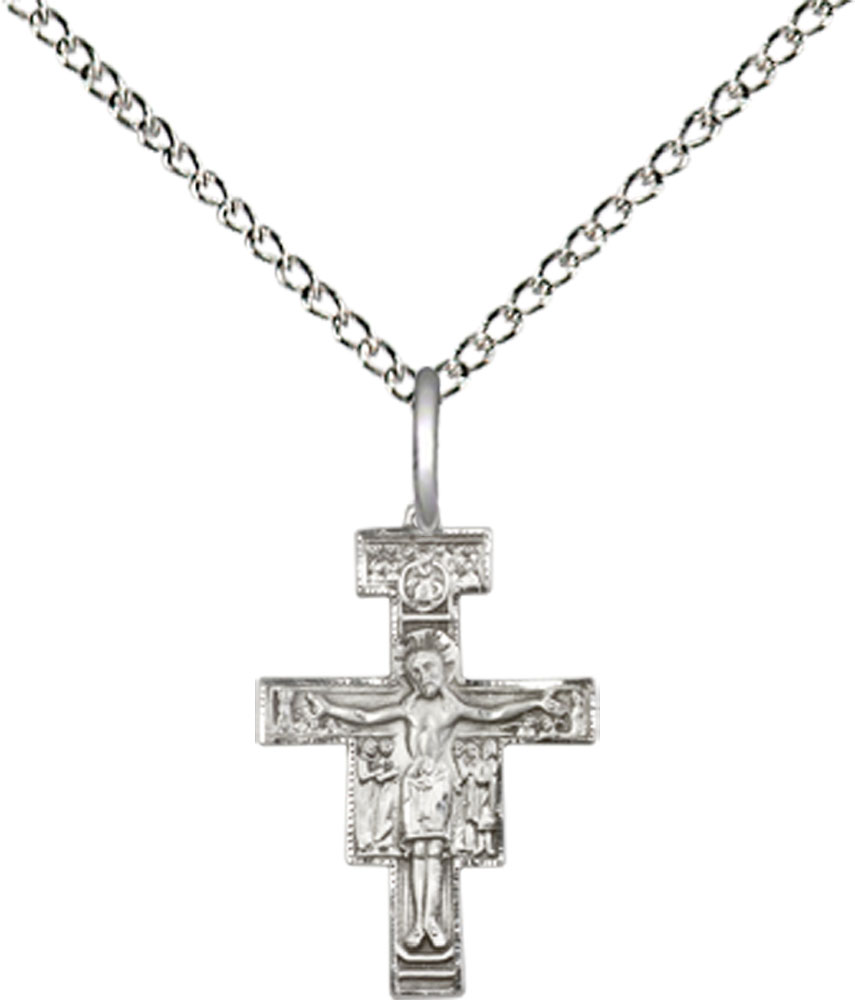 Sterling Silver San Damiano Crucifix Pendant on a 18 inch Sterling Silver Light Curb chain