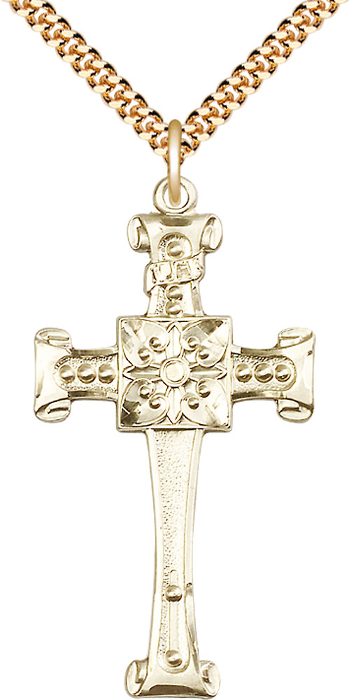 14kt Gold Filled Cross Pendant on a 24 inch Gold Plate Heavy Curb chain