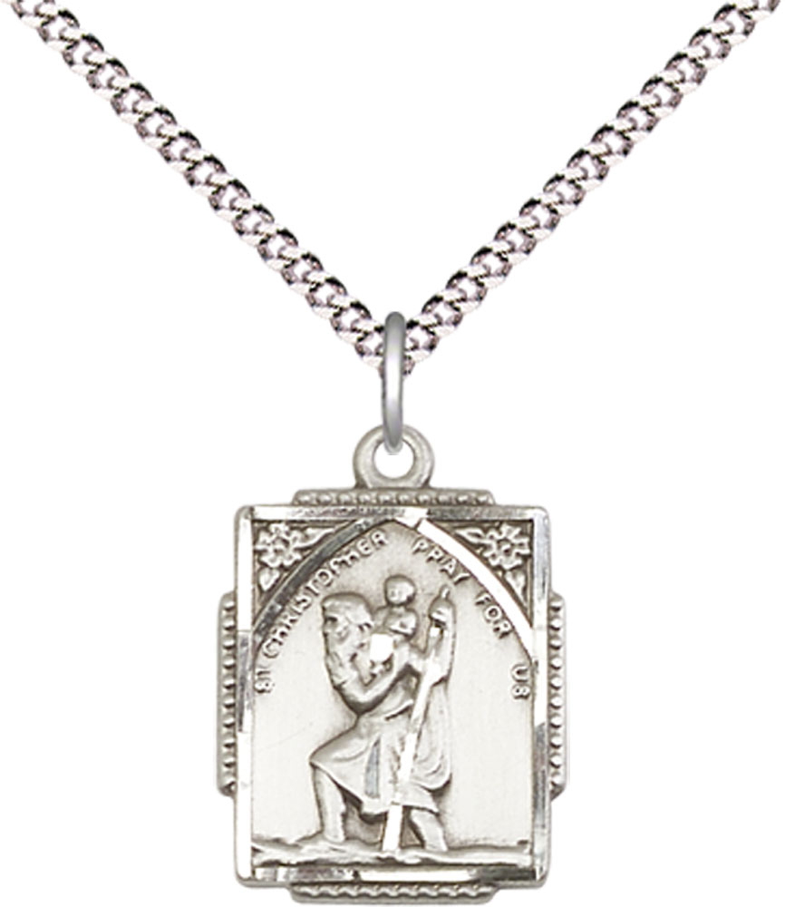 Sterling Silver Saint Christopher Pendant on a 18 inch Light Rhodium Light Curb chain
