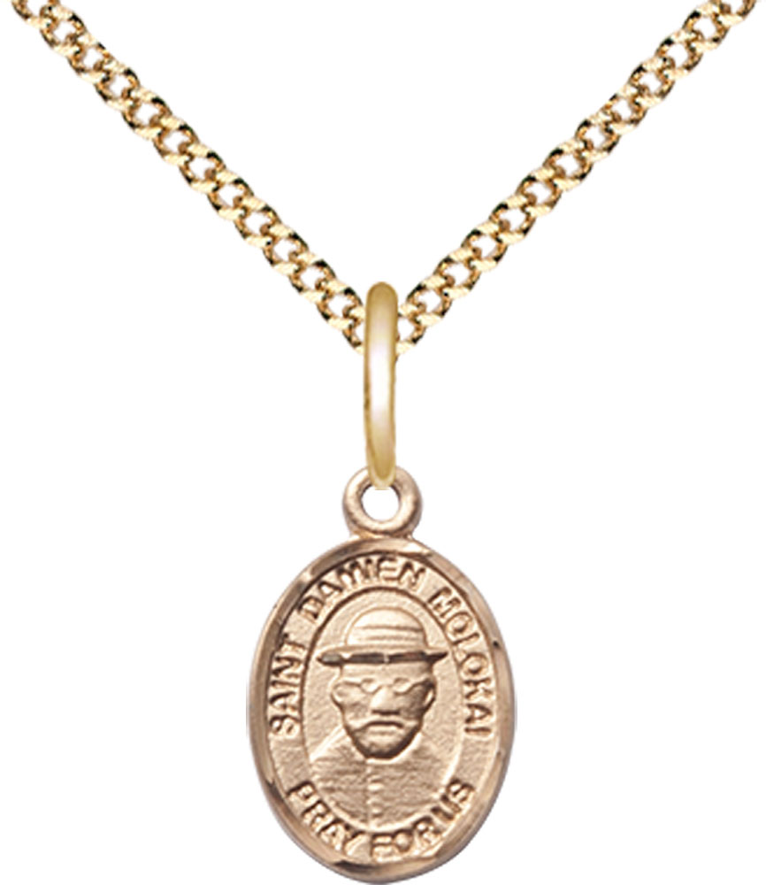 14kt Gold Filled Saint Damien of Molokai Pendant on a 18 inch Gold Plate Light Curb chain