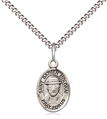 Sterling Silver Saint Damien of Molokai Pendant on a 18 inch Light Rhodium Light Curb chain