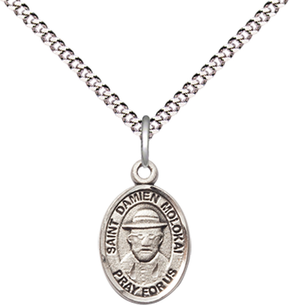Sterling Silver Saint Damien of Molokai Pendant on a 18 inch Light Rhodium Light Curb chain