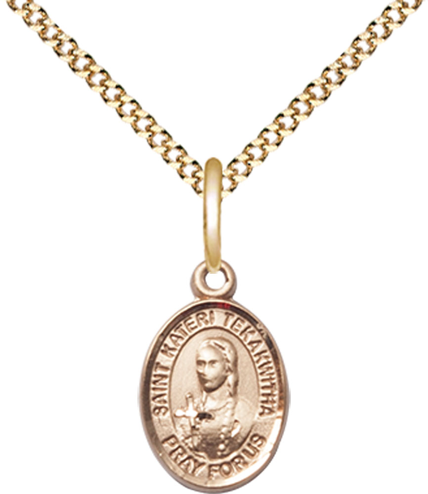 14kt Gold Filled Saint Kateri Tekakwitha Pendant on a 18 inch Gold Plate Light Curb chain