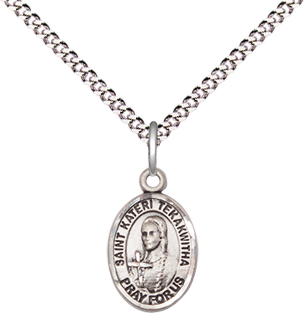 Sterling Silver Saint Kateri Tekakwitha Pendant on a 18 inch Light Rhodium Light Curb chain