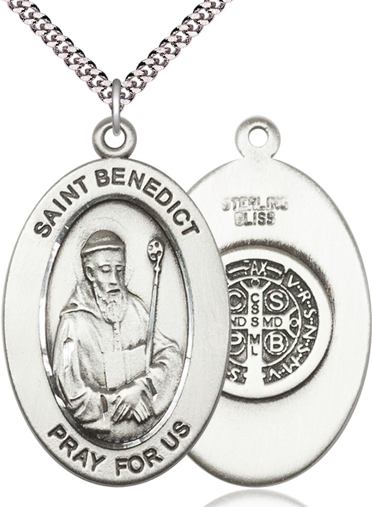 Sterling Silver Saint Benedict Pendant on a 24 inch Light Rhodium Heavy Curb chain