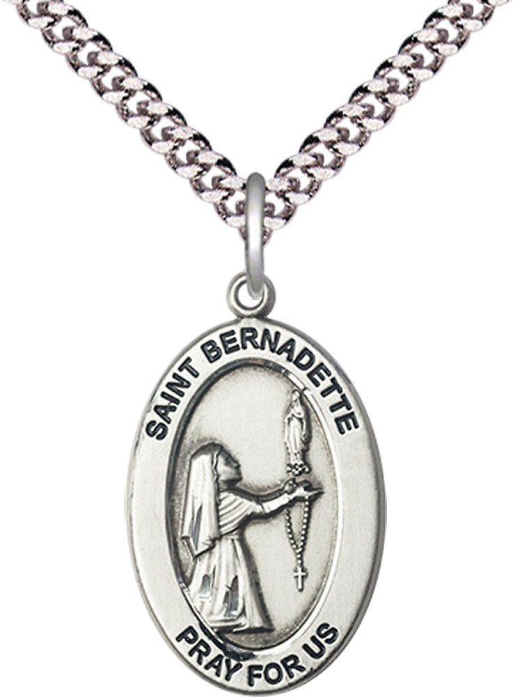 Sterling Silver Saint Bernadette Pendant on a 24 inch Light Rhodium Heavy Curb chain