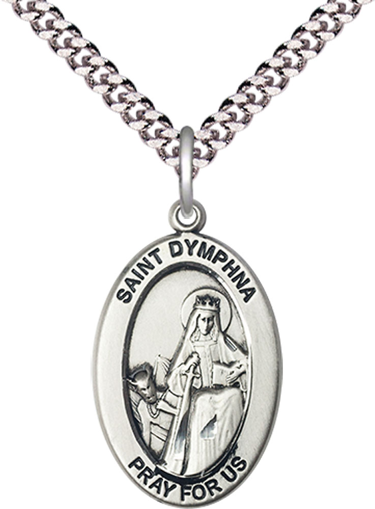 Sterling Silver Saint Dymphna Pendant on a 24 inch Light Rhodium Heavy Curb chain