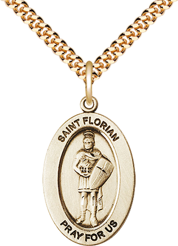 14kt Gold Filled Saint Florian Pendant on a 24 inch Gold Plate Heavy Curb chain