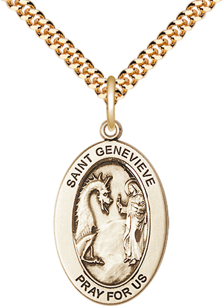 14kt Gold Filled Saint Genevieve Pendant on a 24 inch Gold Plate Heavy Curb chain