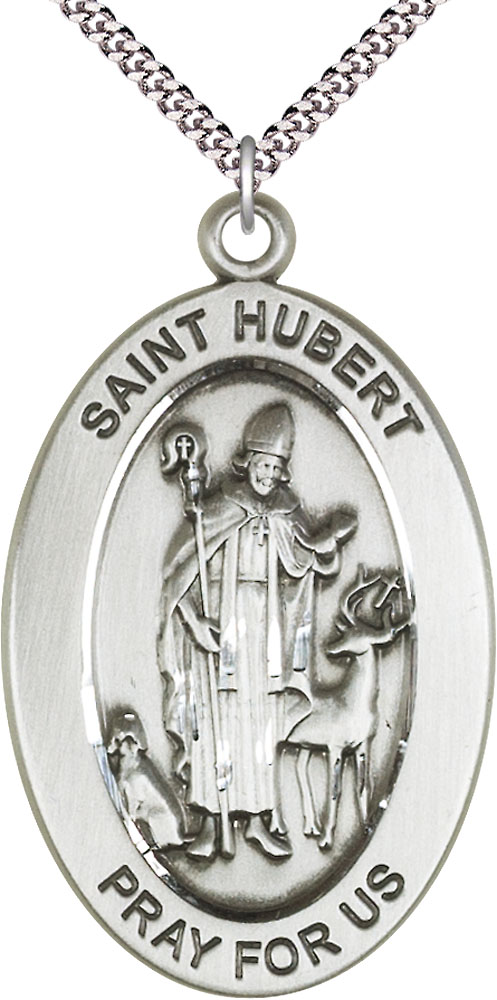 Sterling Silver Saint Hubert of Liege Pendant on a 24 inch Light Rhodium Heavy Curb chain