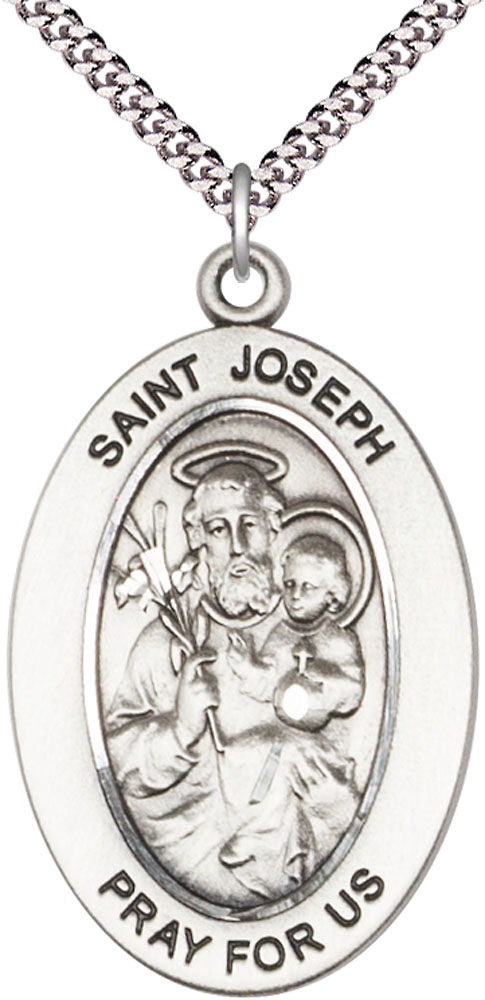 Sterling Silver Saint Joseph Pendant on a 24 inch Light Rhodium Heavy Curb chain