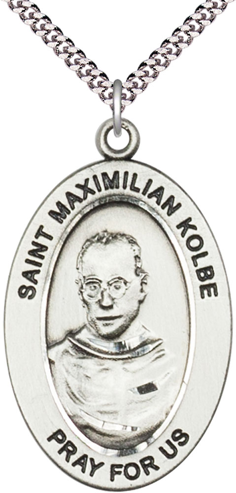 Sterling Silver Saint Maximilian Kolbe Pendant on a 24 inch Light Rhodium Heavy Curb chain