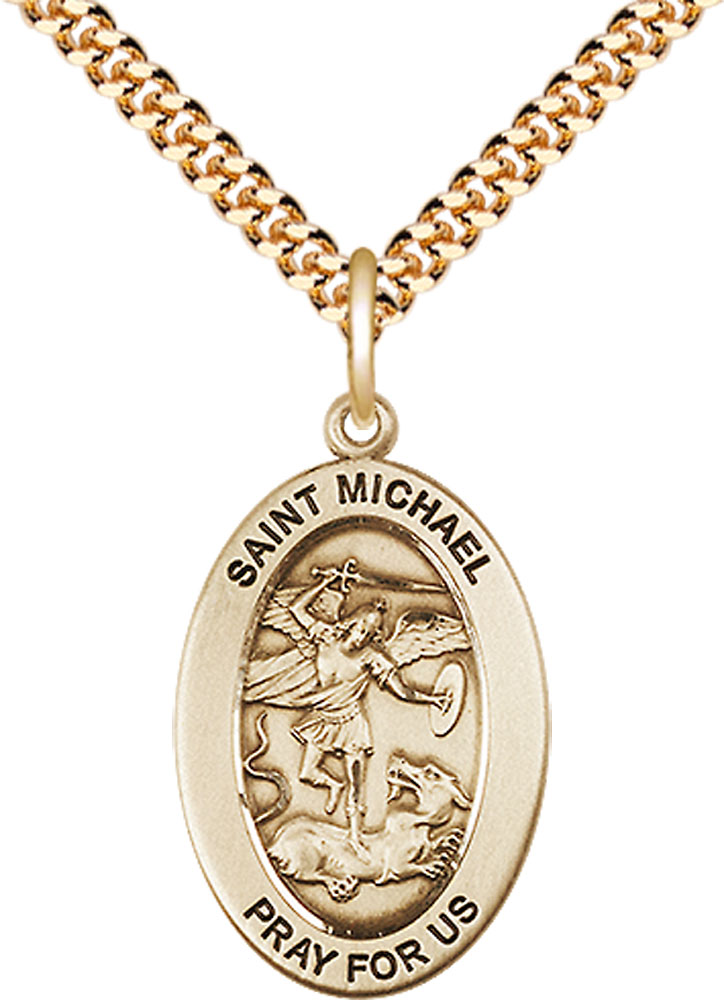 14kt Gold Filled Saint Michael the Archangel Pendant on a 24 inch Gold Plate Heavy Curb chain