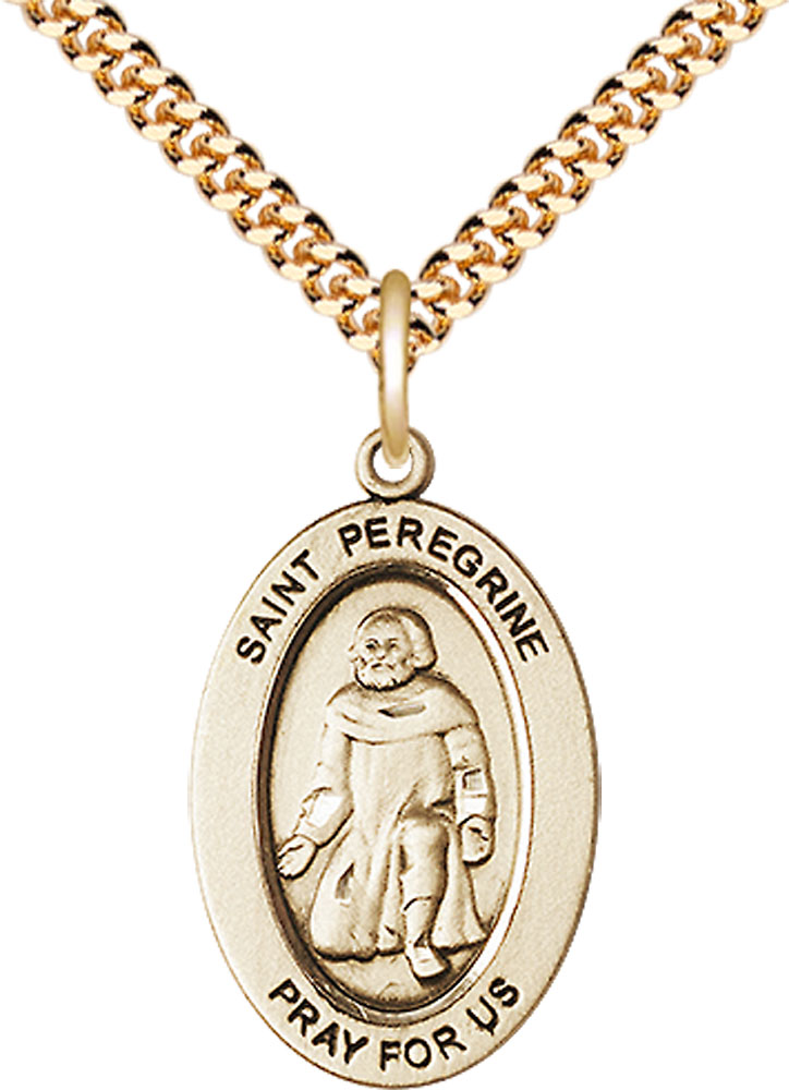 14kt Gold Filled Saint Peregrine Pendant on a 24 inch Gold Plate Heavy Curb chain