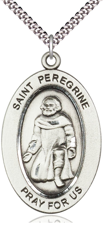 Sterling Silver Saint Peregrine Pendant on a 24 inch Light Rhodium Heavy Curb chain
