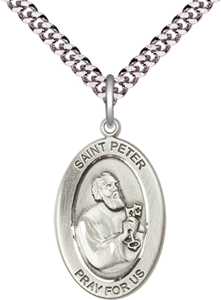 Sterling Silver Saint Peter the Apostle Pendant on a 24 inch Light Rhodium Heavy Curb chain
