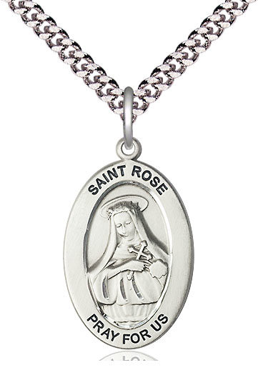 Sterling Silver Saint Rose of Lima Pendant on a 24 inch Light Rhodium Heavy Curb chain