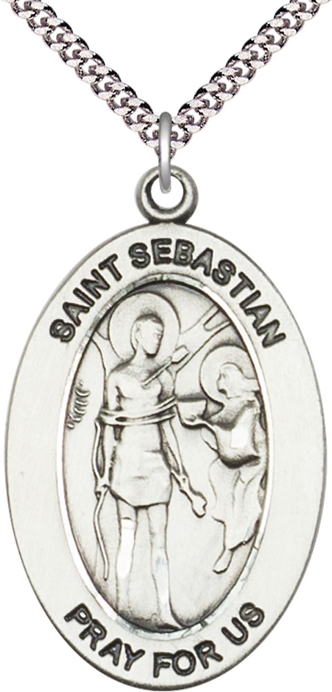 Sterling Silver Saint Sebastian Pendant on a 24 inch Light Rhodium Heavy Curb chain