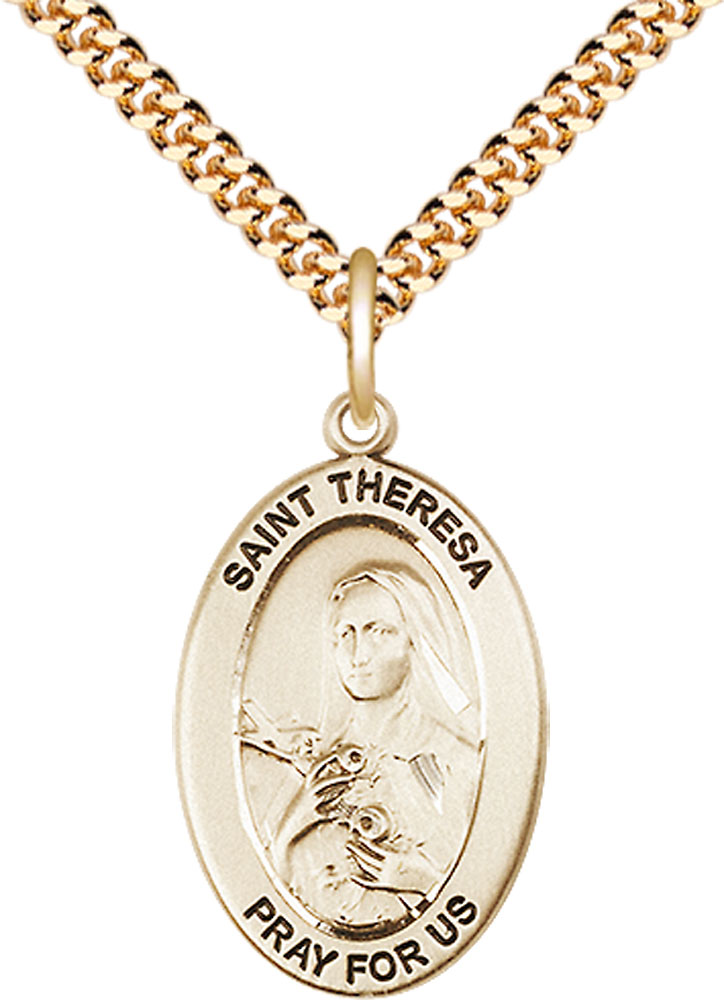 14kt Gold Filled Saint Theresa Pendant on a 24 inch Gold Plate Heavy Curb chain