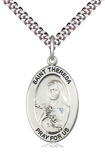 Sterling Silver Saint Theresa Pendant on a 24 inch Light Rhodium Heavy Curb chain