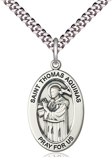 Sterling Silver Saint Thomas Aquinas Pendant on a 24 inch Light Rhodium Heavy Curb chain