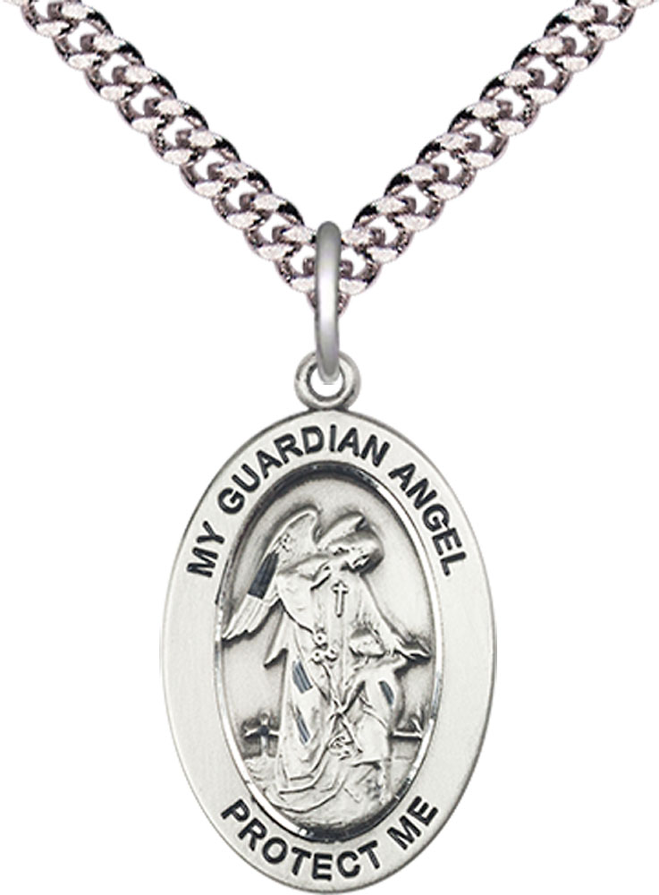 Sterling Silver Guardian Angel w/Child Pendant on a 24 inch Light Rhodium Heavy Curb chain