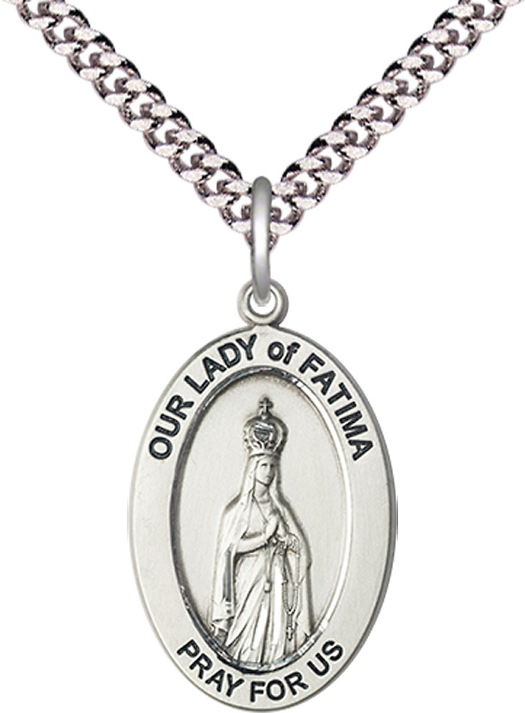 Sterling Silver Our Lady of Fatima Pendant on a 24 inch Light Rhodium Heavy Curb chain
