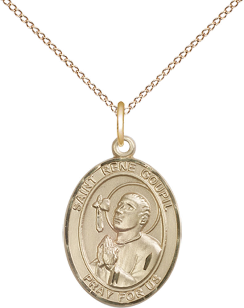 14kt Gold Filled Saint Rene Goupil Pendant on a 18 inch Gold Filled Light Curb chain