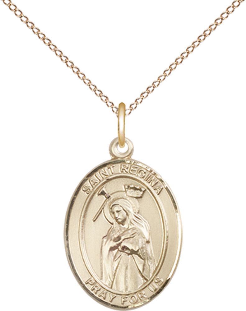 14kt Gold Filled Saint Regina Pendant on a 18 inch Gold Filled Light Curb chain
