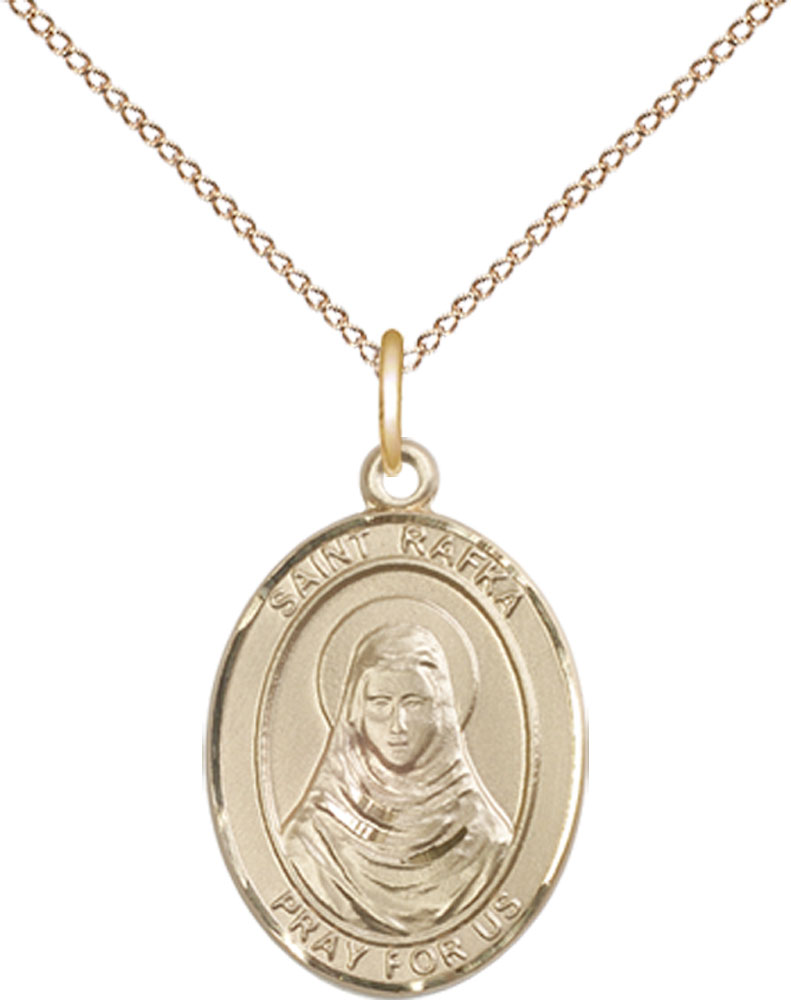 14kt Gold Filled Saint Rafka Pendant on a 18 inch Gold Filled Light Curb chain