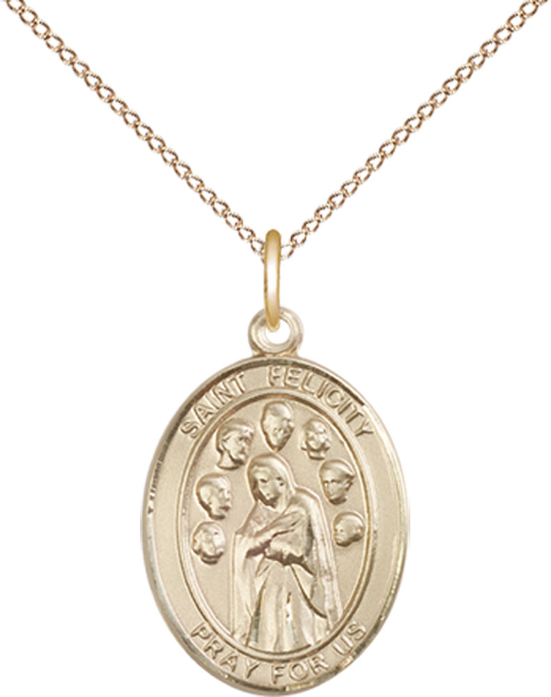 14kt Gold Filled Saint Felicity Pendant on a 18 inch Gold Filled Light Curb chain