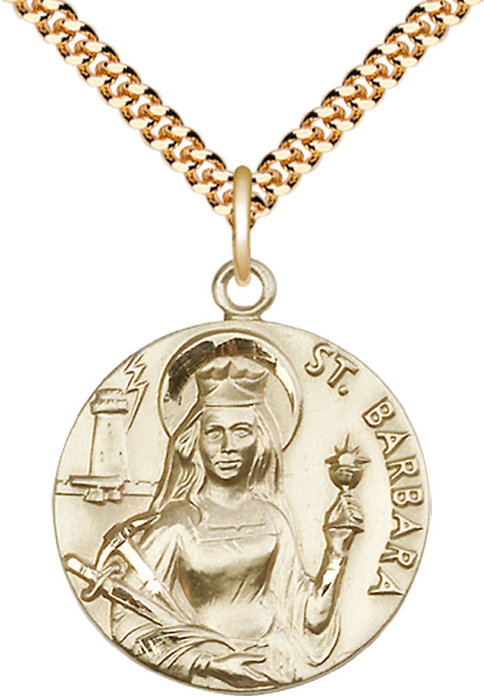 14kt Gold Filled Saint Barbara Pendant on a 24 inch Gold Plate Heavy Curb chain