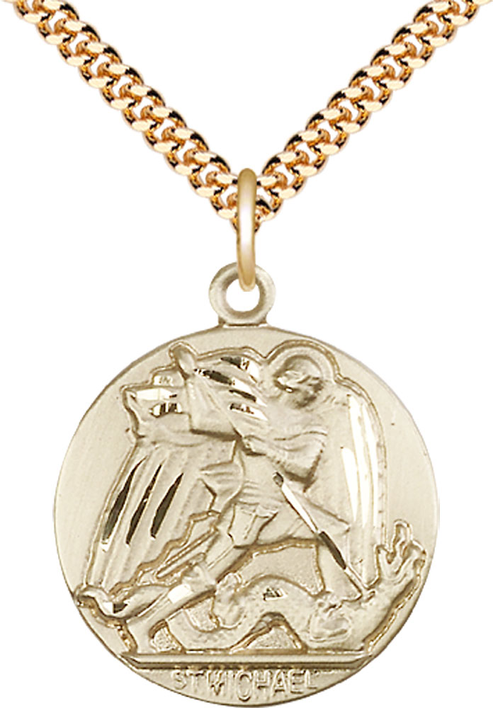 14kt Gold Filled Saint Michael the Archangel Pendant on a 24 inch Gold Plate Heavy Curb chain