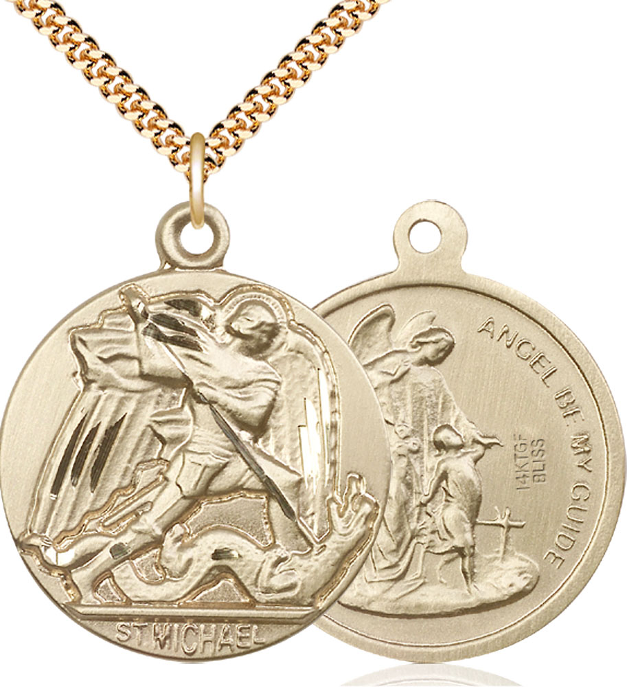 14kt Gold Filled Saint Michael the Archangel Pendant on a 24 inch Gold Plate Heavy Curb chain