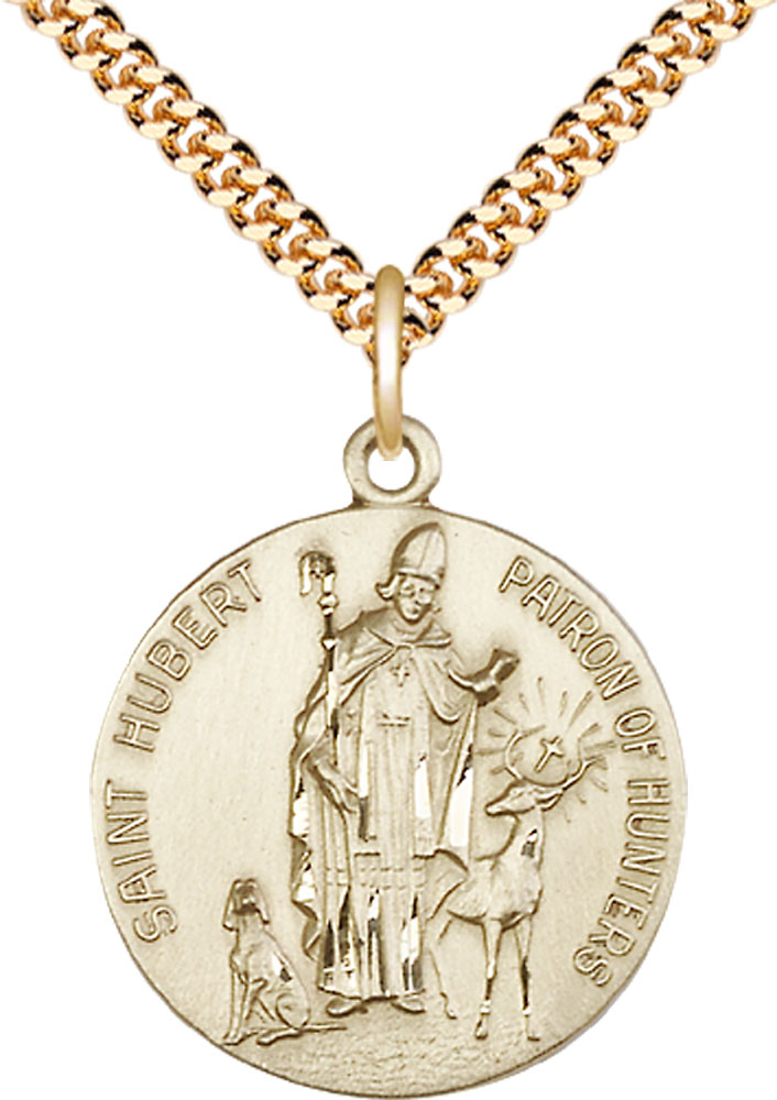 14kt Gold Filled Saint Hubert of Liege Pendant on a 24 inch Gold Plate Heavy Curb chain