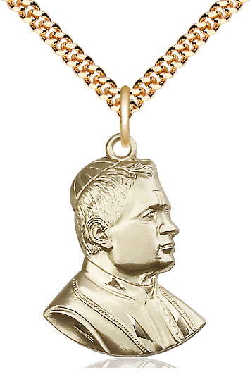 14kt Gold Filled Saint Pius X Pendant on a 24 inch Gold Plate Heavy Curb chain
