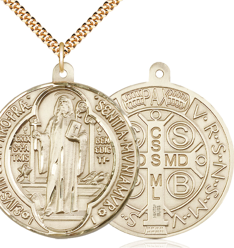 14kt Gold Filled Saint Benedict Pendant on a 24 inch Gold Plate Heavy Curb chain