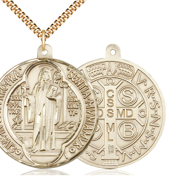 14kt Gold Filled Saint Benedict Pendant on a 24 inch Gold Plate Heavy Curb chain