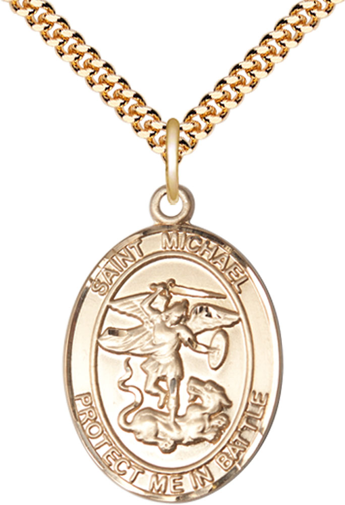 14kt Gold Filled Saint Michael Guardian Angel Pendant on a 24 inch Gold Plate Heavy Curb chain