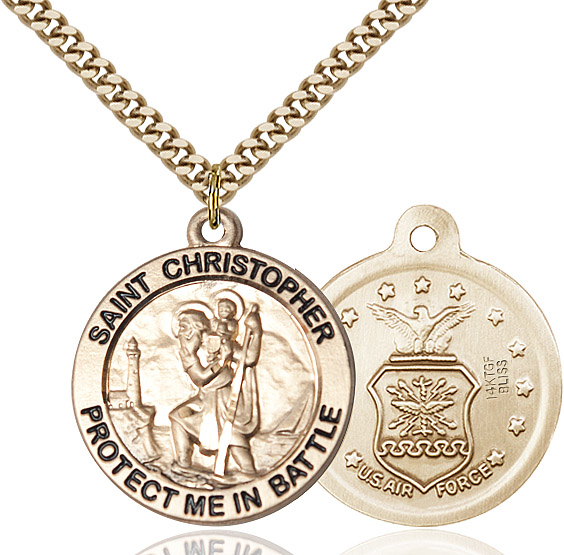 14kt Gold Filled Saint Christopher Air Force Pendant on a 24 inch Gold Plate Heavy Curb chain