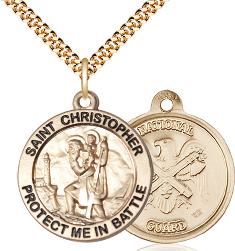 14kt Gold Filled Saint Christopher National Guard Pendant on a 24 inch Gold Plate Heavy Curb chain