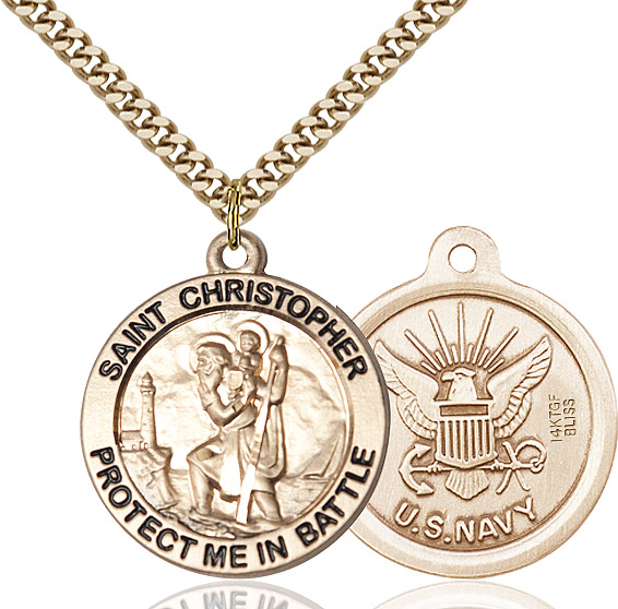 14kt Gold Filled Saint Christopher Navy Pendant on a 24 inch Gold Plate Heavy Curb chain
