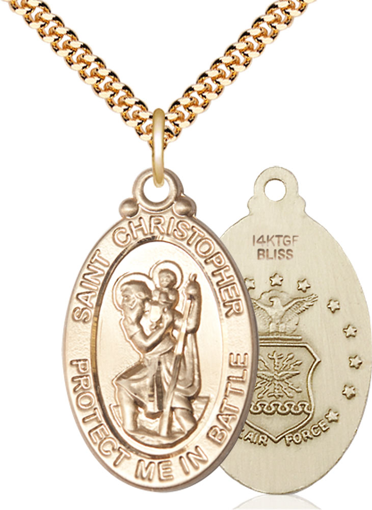 14kt Gold Filled Saint Christopher Air Force Pendant on a 24 inch Gold Plate Heavy Curb chain