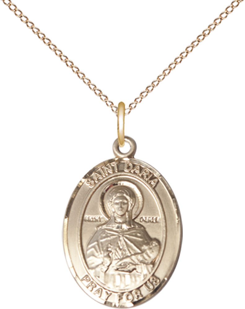 14kt Gold Filled Saint Daria Pendant on a 18 inch Gold Filled Light Curb chain